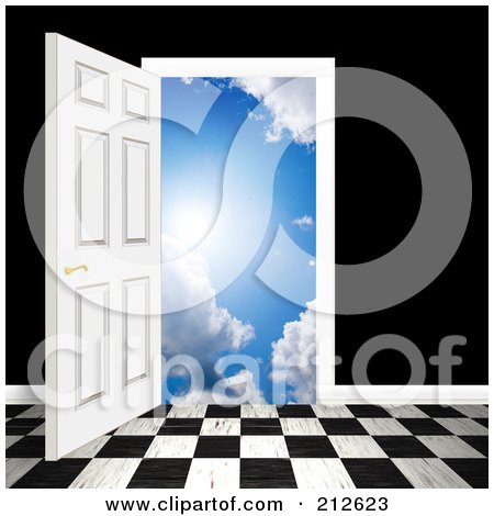 RoyaltyFree RF Clipart Illustration of a Checkered Floor And An Open Door