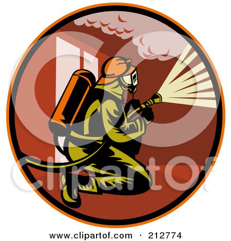 Royalty-free clipart picture of a kneeling fireman logo, 