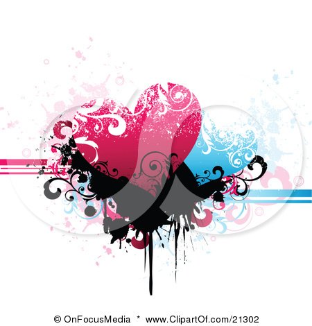 Pink And Blue Hearts Over Black Scrolls And Splatters On A Grunge Background