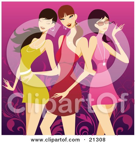 Sexy Backgrounds on Women In Sexy Dresses Standing Over A Purple Scroll Background Jpg