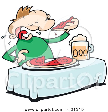 Clipart Illustration of a Hungry Man Eating A Whole Pizza Pie And Chugging 