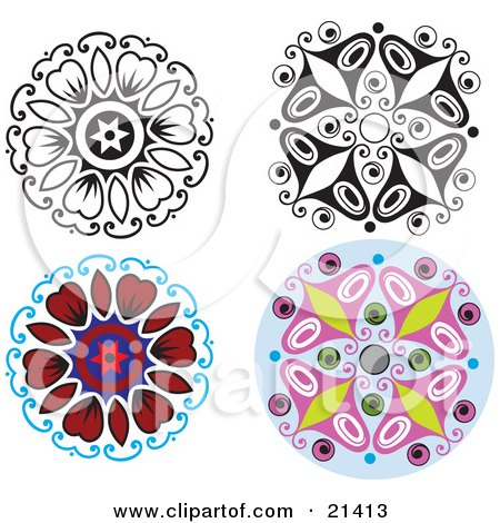 Clipart Illustration of a Collection Of Four Floral And Butterfly Designs