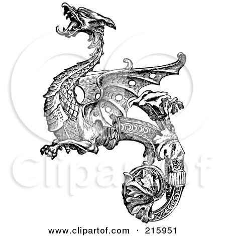 RF Clipart Illustration of a Vintage Black And White Dragon Design