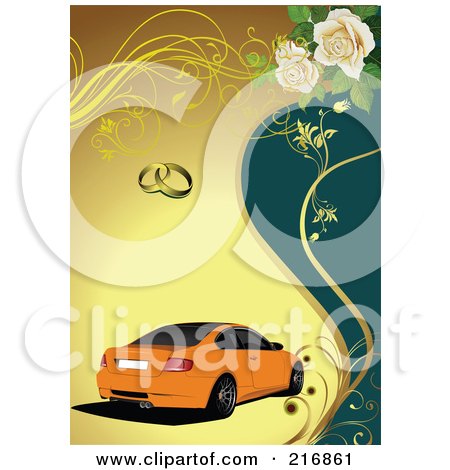 Orange Car Over Teal And Yellow With Wedding Rings Vines And Roses