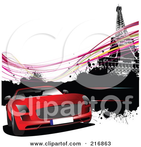 Red Car With Colorful Waves Black Grunge And The Eiffel Tower Posters 