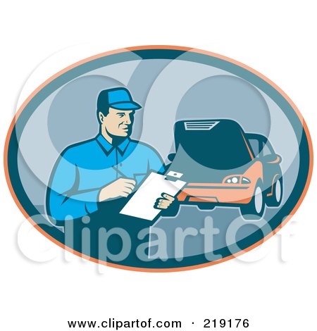 RoyaltyFree RF Clipart Illustration of a Retro Auto Mechanic And Car Logo