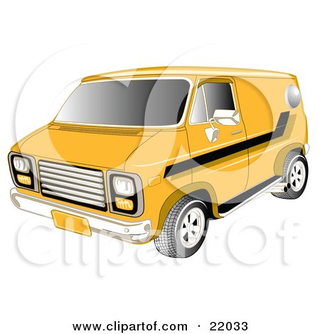 Yellow 1979 Chevy Van With Tinted Windows And Black Striping On The Side by