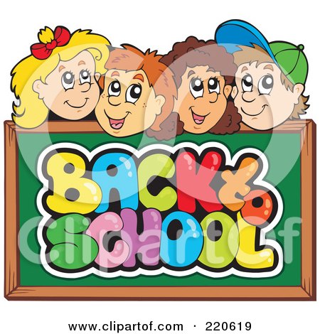 Royalty-free clipart picture of a row of happy school children faces over a 