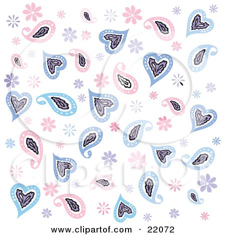  of a background of pink and blue flowers and paisley hearts over white.