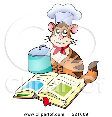 Royalty-free clipart picture of a chef cat wearing a hat and sitting by an 