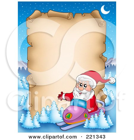 Royalty-free clipart picture of santa on a snowmobile by a blank aged 