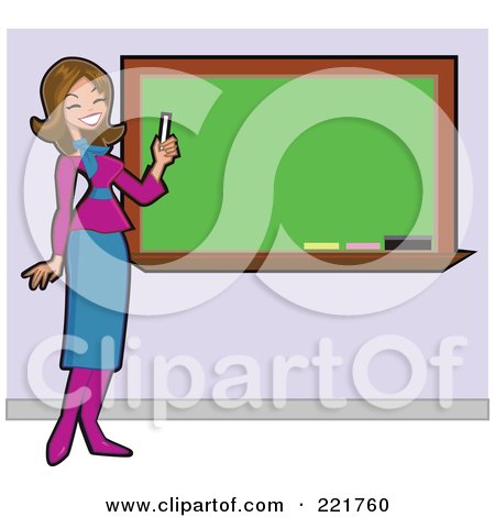 Royalty-Free (RF) Clipart Illustration of a Beautiful Brunette Caucasian Teacher Holding Chalk And Smiling By A Blank Board