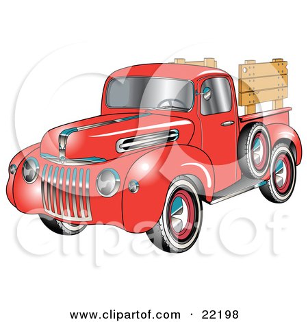 Clipart Illustration of a Red 1945 Ford Pickup Truck With A Spacfe Tire On 