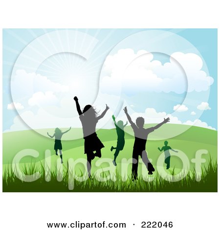 Royalty-Free (RF) Clipart Illustration of Silhouetted Happy Children Running And Jumping In A Hilly Summer Or Spring Landscape by KJ Pargeter