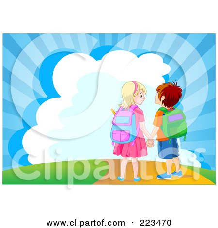 boy and girl holding hands clip art. Royalty-free clipart picture of a school boy and girl holding hands and 