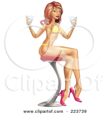 Royalty-Free (RF) Clipart Illustration of a Sexy Pinup Woman In A Bikini, Sitting On A Stool And Holding Cocktails
