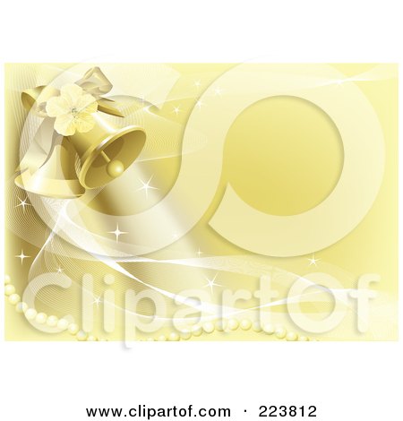 Golden Wedding Background With Ringing Bells Sparkles Pearls And White Mesh