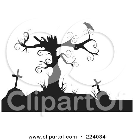 Royalty-free clipart picture of a silhouette of a crow perched on a dead 