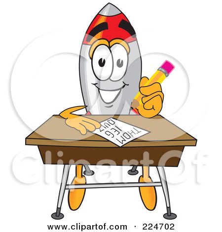  a rocket mascot cartoon character taking a quiz, on a white background.