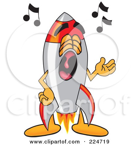  of a rocket mascot cartoon character singing, on a white background.