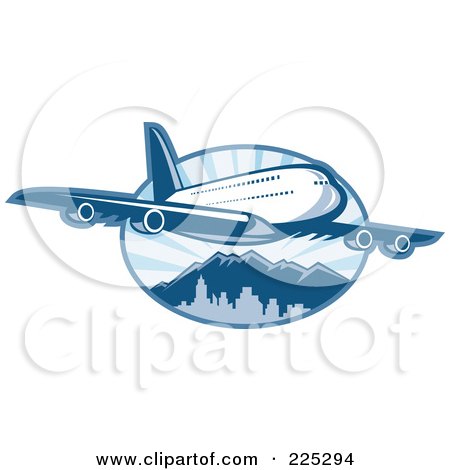 Small Aircraft on Illustration Of A Blue Airplane Over Mountains Logo By Patrimonio