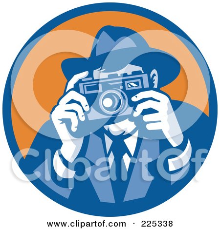 Royalty-free clipart illustration of a retro blue and orange photographer 