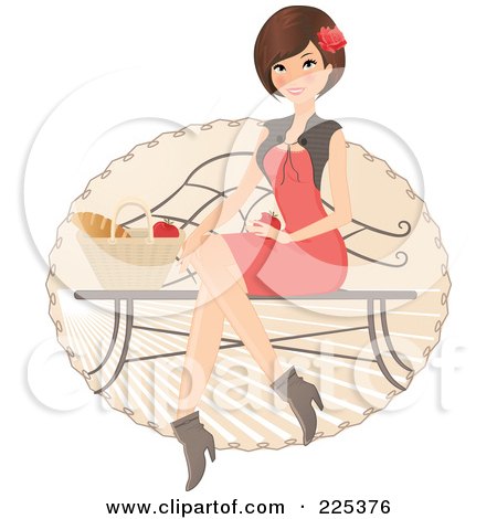 Royalty-Free (RF) Clipart Illustration of a Pretty Brunette Woman Sitting On A Bench With A Picnic Basket Of Food
