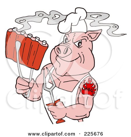 Clipart Illustration of a Hillbilly Pig In Overalls Eating Ribs by LaffToon 