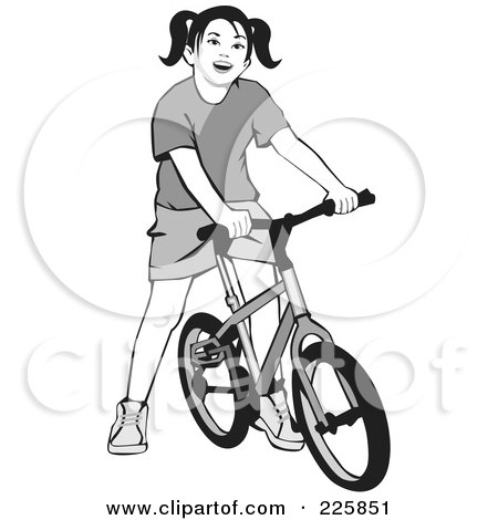 Cartoon Girl On Bicycle. Grayscale Girl On A Bicycle