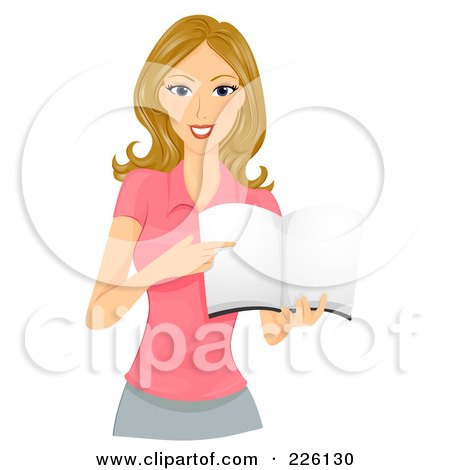 Royalty-Free (RF) Clipart Illustration of a Beautiful Woman Holding And Pointing To A Book