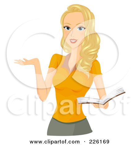 Royalty-Free (RF) Clipart Illustration of a Beautiful Woman Holding A Book And Gesturing