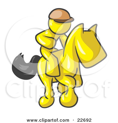 Clipart Illustration of a Yellow Man A Jockey Riding On A Race Horse And