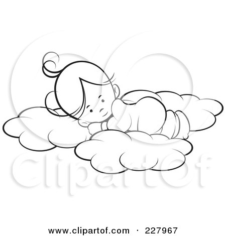 Coloring Page Outline Of A Cute Girl Sleeping On Soft Clouds