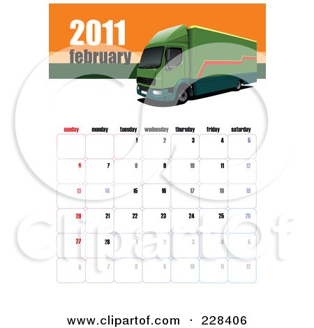 Royalty-free clipart illustration of a February 2011 big rig calendar.