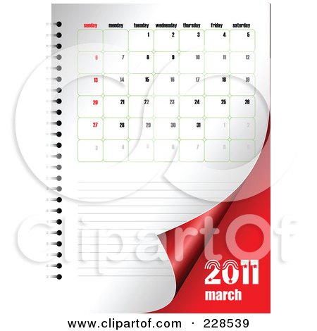  clipart illustration of a turning March 2011 calendar and planner page.