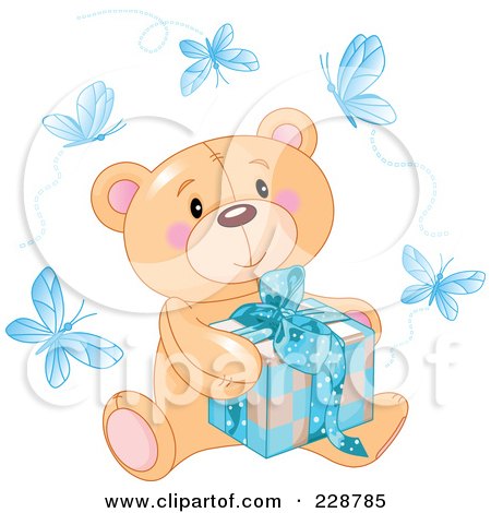 Teddy Bear Gift on Teddy Bear Sitting With A Blue Gift Surrounded By Butterflie    By