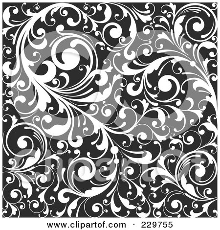 Royalty-Free (RF) Clip Art Illustration of a Black And White Background Pattern Of Leafy Vines by OnFocusMedia