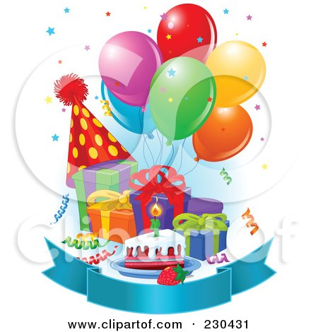 Elephant Birthday Party on Blank Banner With Birthday Balloons Presents Cake And A Party Hat With
