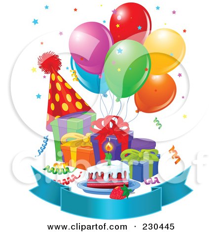 Birthday Cakes Online on Party Balloons  Presents  Birthday Cake  A Blank Banner And A Party