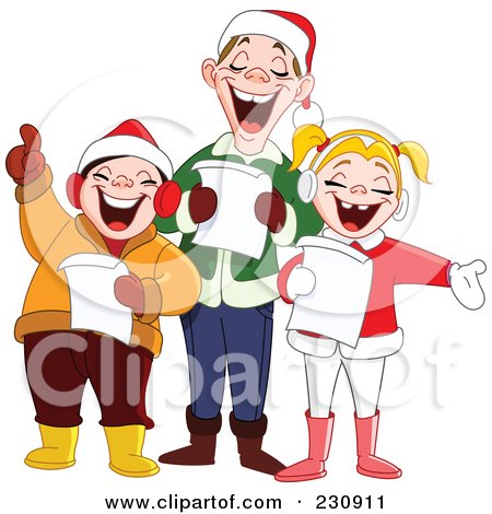 Royalty-free clipart illustration of a singing family at christmas time, 