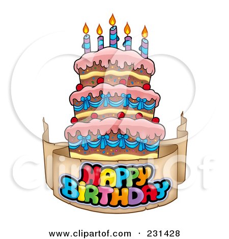 happy birthday banner clip art. Royalty-free clipart illustration of a happy birthday banner around a cake 