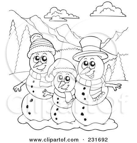 Family Coloring Pages on Coloring Page Outline Of A Snowman Family In A Mountainous Landscape