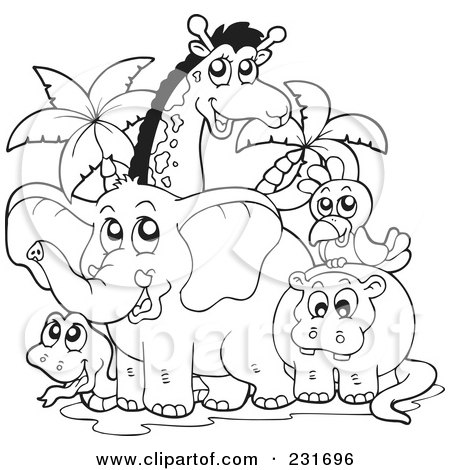 Cartoon of a Cute African Hippo Giraffe Elephant and Parrot by a Zoo
