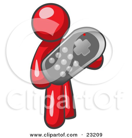 Clipart Illustration of a Red Man Holding A Remote Control To A Television