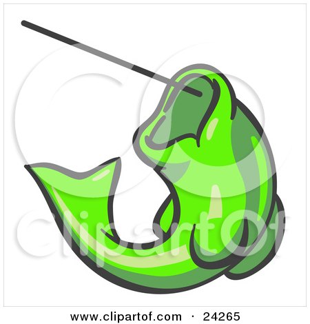 Clipart Illustration of a Lime Green Fish Jumping Up And Biting A Hook On A 