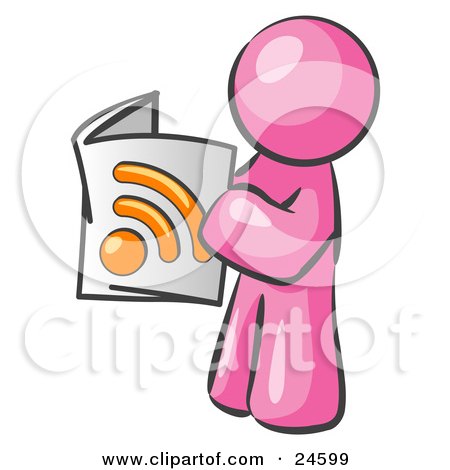 Clipart Illustration of a Pink Man Standing And Reading An RSS Magazine