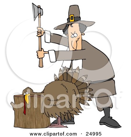 a image of a turkey. Male Pilgrim Holding An Axe Above A Turkey On A Chopping Block, Preparing To 