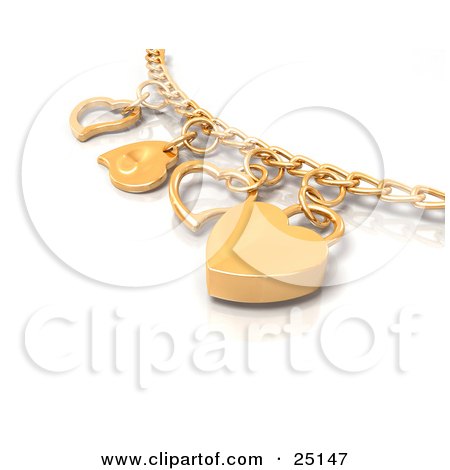  picture of a golden charm bracelet with heart charms, over white.