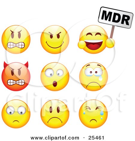 Clipart Illustration of a Group Of Mad Mean Devil Scared Crying And