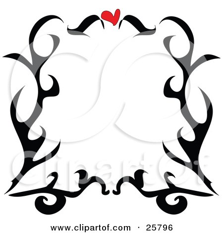 Clipart Illustration of a Border Of Black Tattoo Scrolls And A Red Heart 